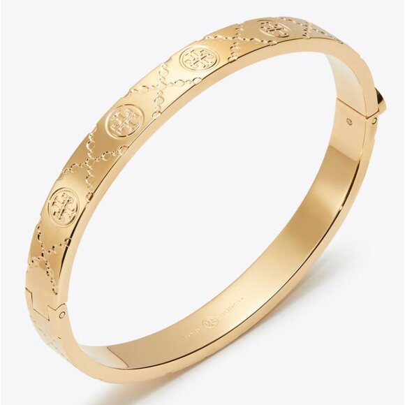 Tory Burch T Monogram Gold Logo Hinged Bangle Bracelet - Picture 1 of 5